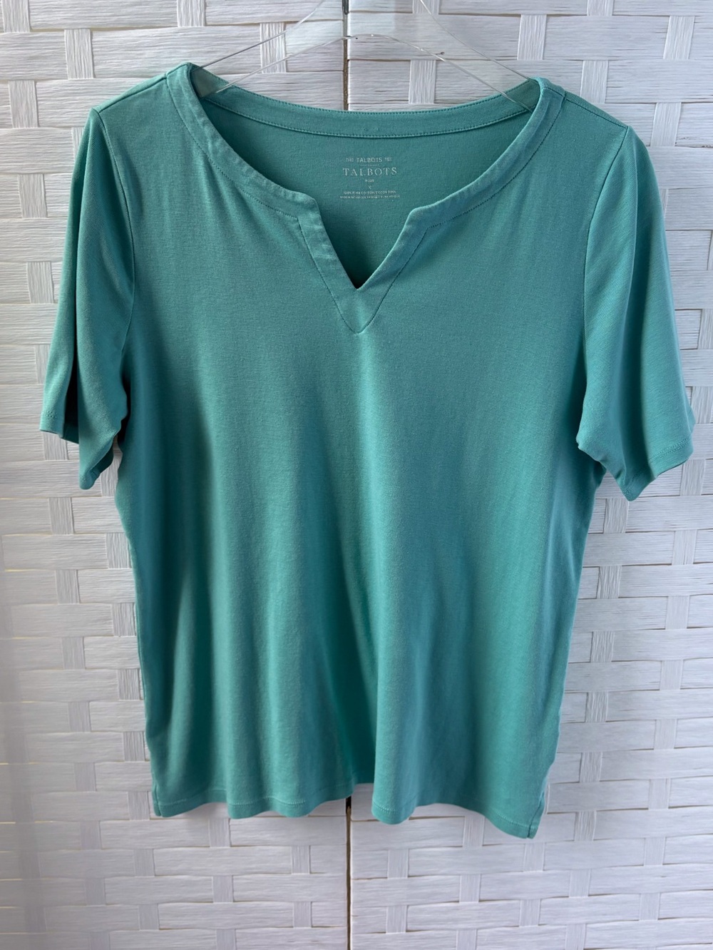 Talbots XL Plus Short Sleeve Pima Cotton Tee Split Neck‎ Blue Green Color Casual